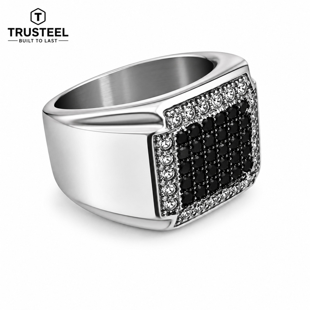 Black CZ Signet Ring Stainless Steel Men’s Square Statement Ring Silver size 9